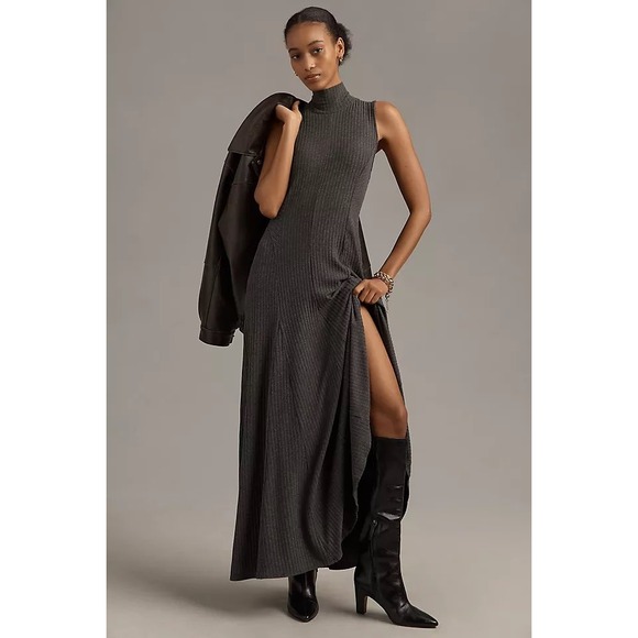 Anthropologie Dresses & Skirts - Anthropologie Charcoal Grey Ribbed Knit Mock Neck Sleeveless Maxi Dress XL